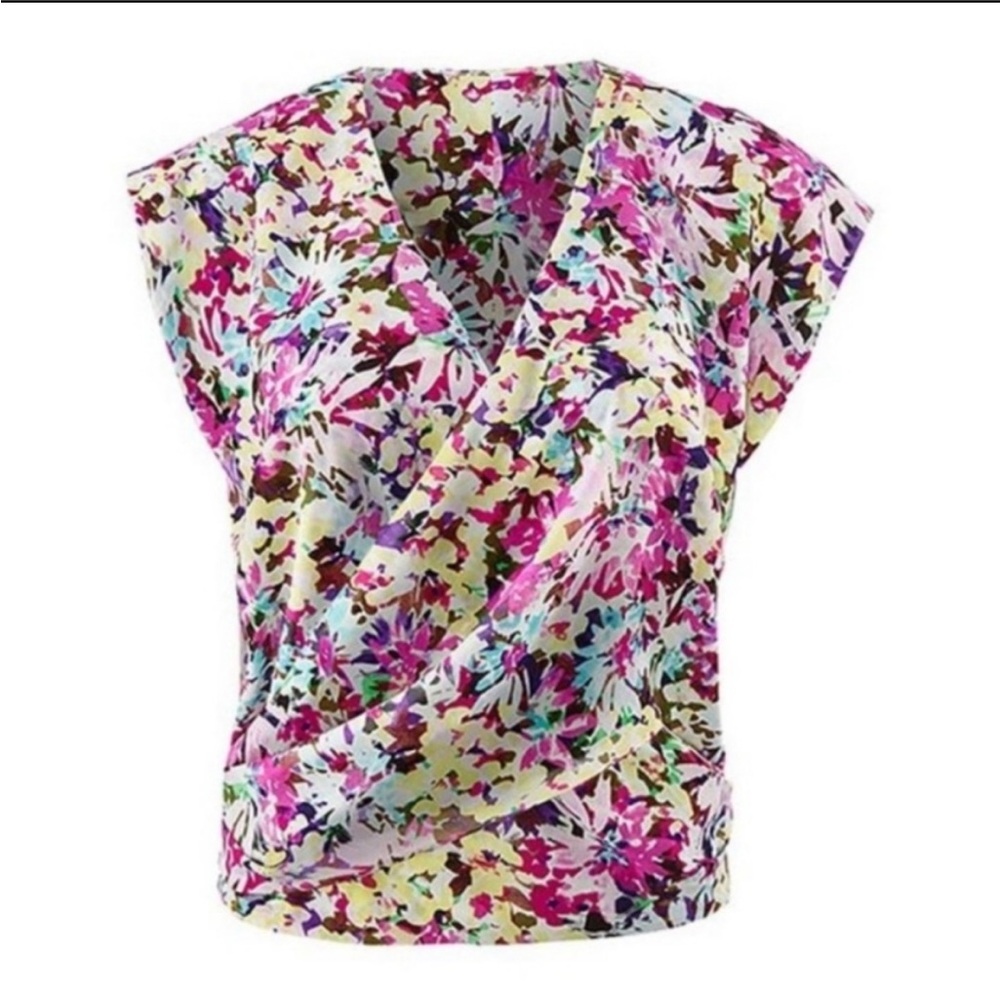 CAbi Size M Eden Floral Multicolor Surplice Faux Wrap Blouse Style 5211